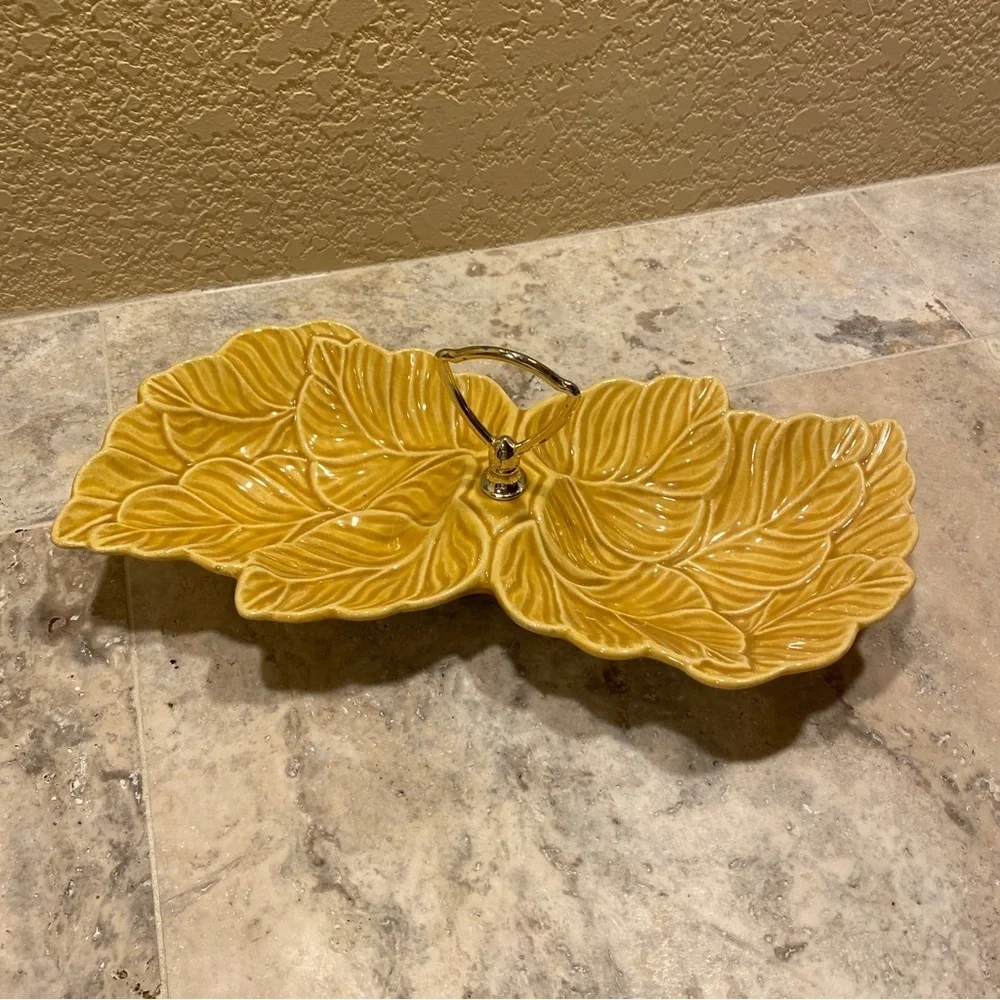Vintage Retro USA pottery‎ two sided tray serving dish trinket yellow leaf gold